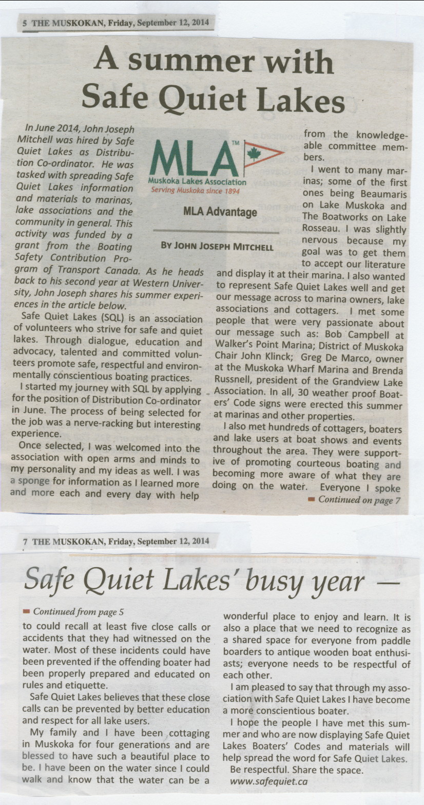 2014 - Sept 12 - A summer with Safe Quiet Lakes - The Muskoka page 5 & 7  by John Joseph Mitchell